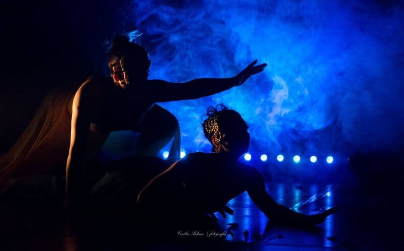 Two masked dancers in silhouette are lit by blue smoke and a row of stage lights behind them.