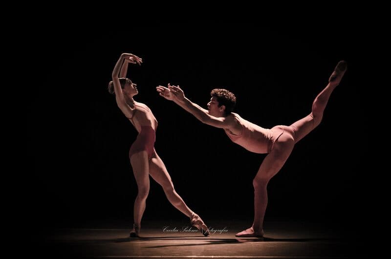 A ballet pair in pink perform a pas de deux, the man's leg extended high behind him, against black.