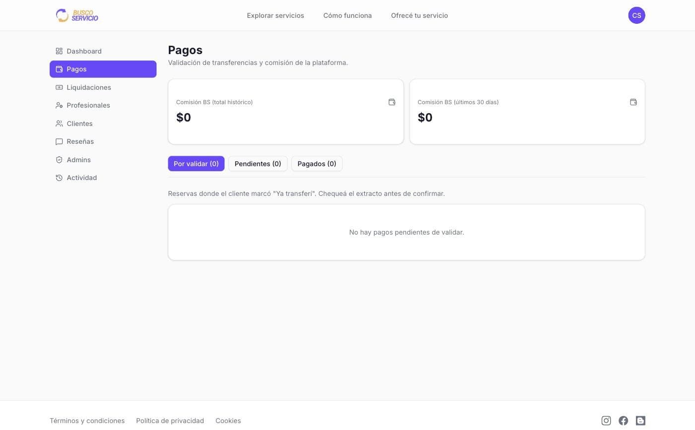 The admin payment validation queue, shown in its everyday state: no pending transfers, commission at zero for the last 30 days.
