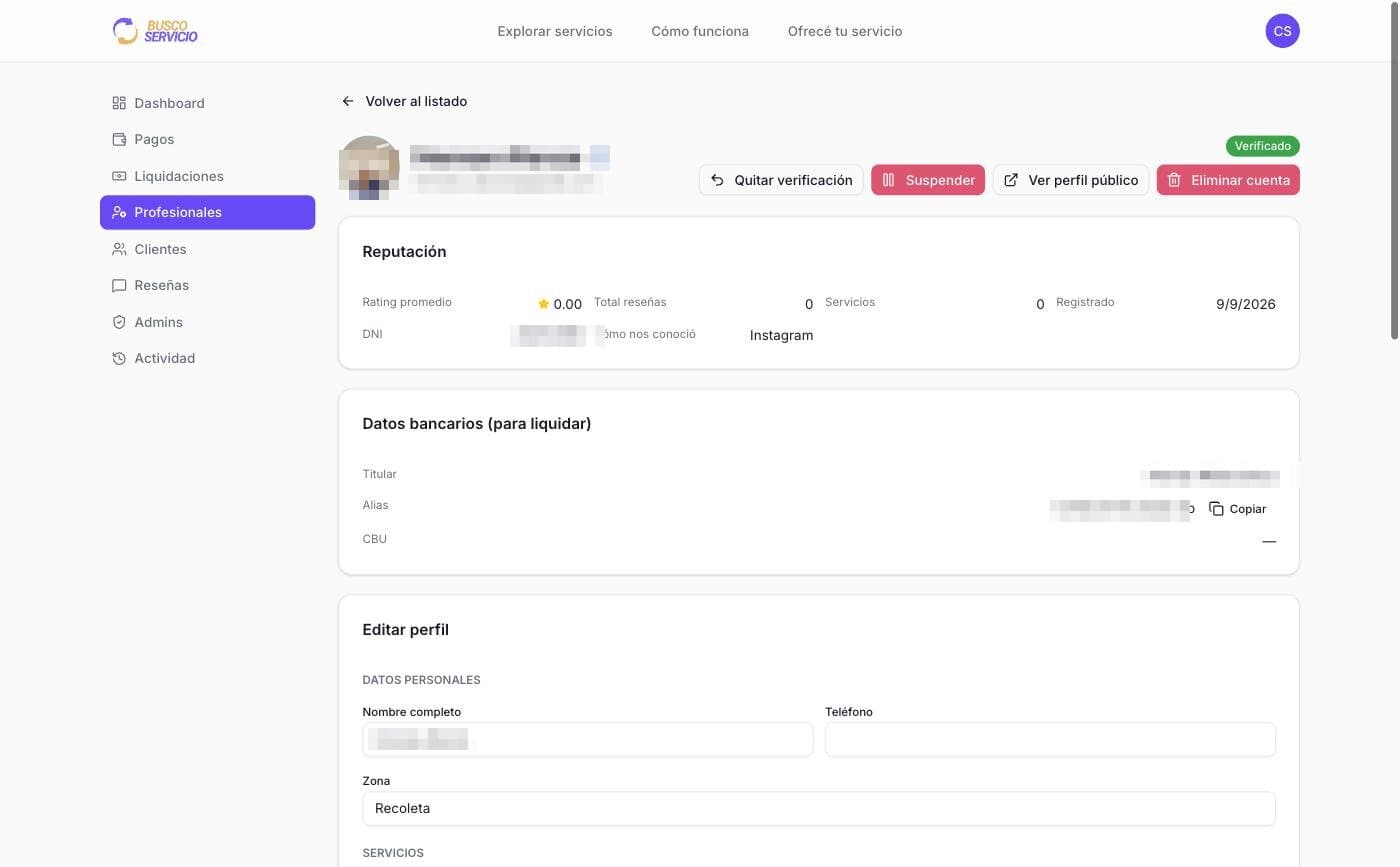 A professional's detail view, with reputation, verification status and the bank details used for payout. Personal data is blurred.