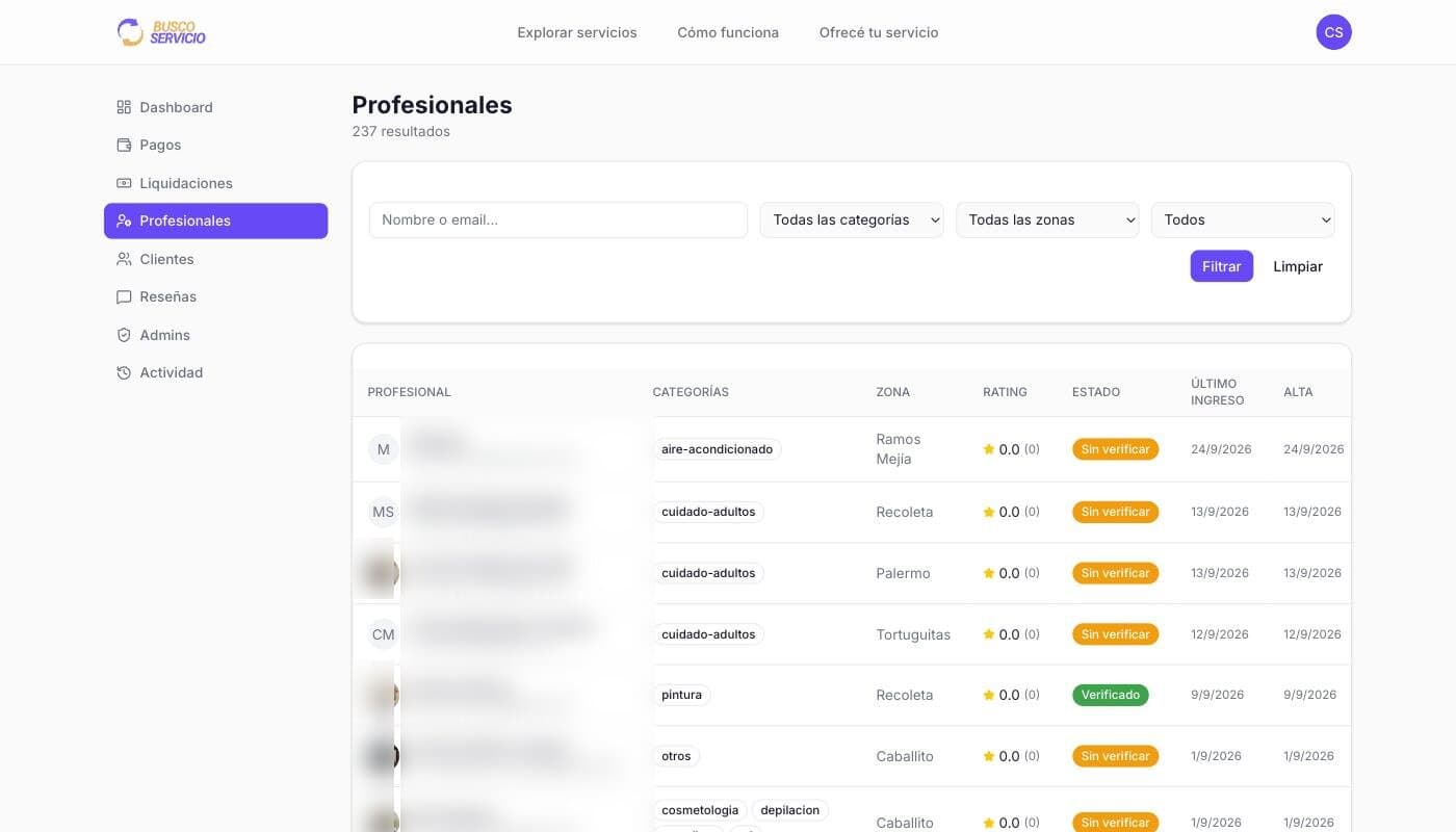 The paginated list of 237 professionals, with filters by category, zone and status. Names and emails are blurred.