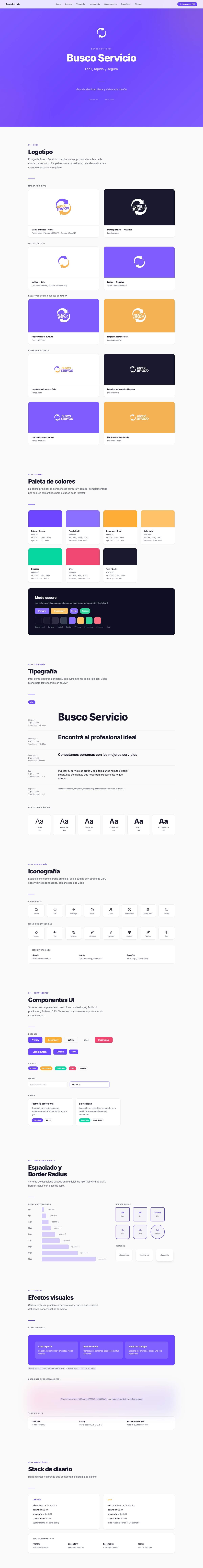 The BuscoServicio brand book, covering logo, palette, typography, iconography, components and spacing in one continuous page, on desktop.