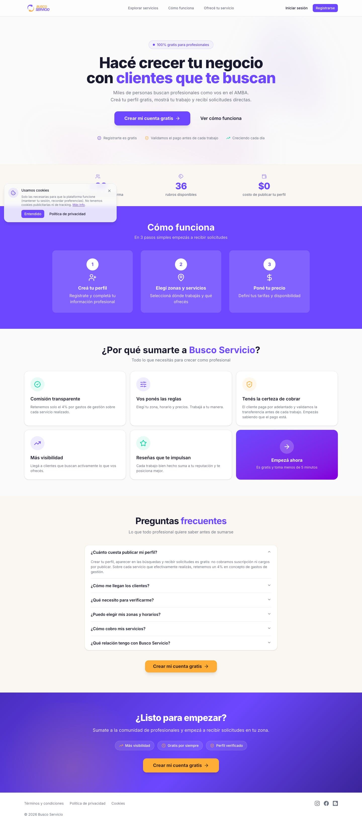 The "Ofrecé tus servicios" landing page for recruiting professionals, showing live counters, how-it-works steps and an FAQ, on desktop.