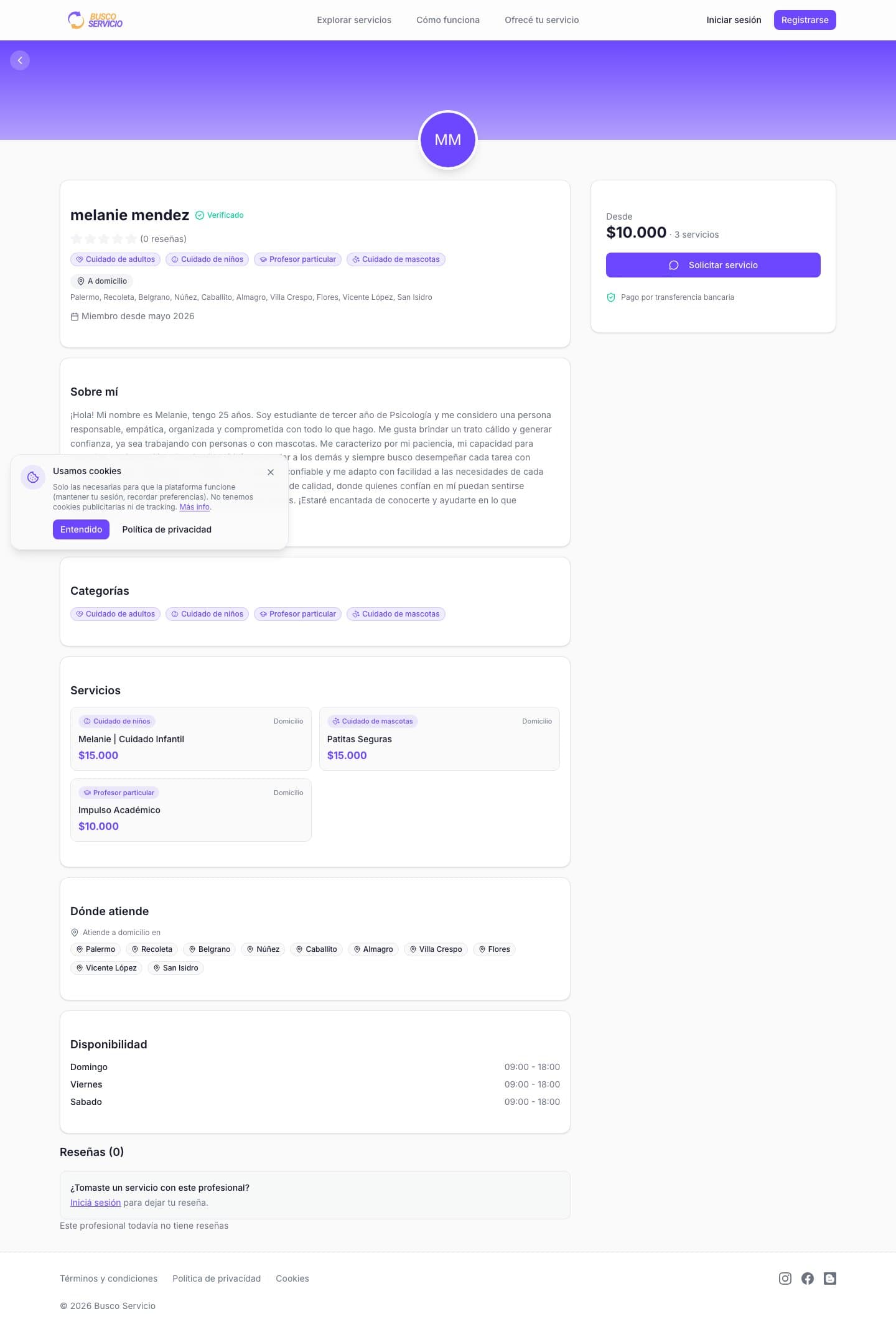 A public professional profile with services, availability, coverage zones and the reviews section, on desktop.