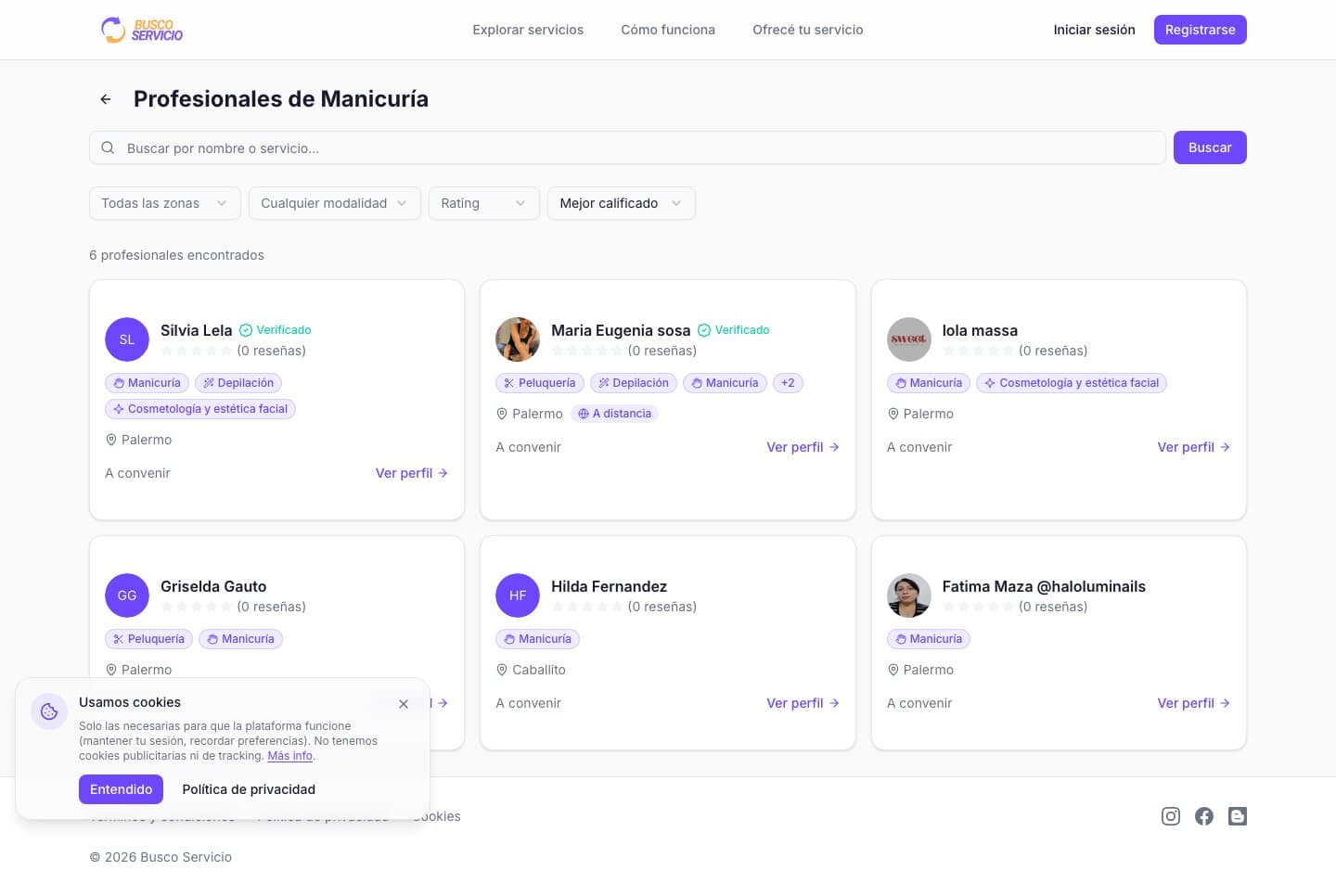 Search results for the manicuría category on desktop, with filters for zone, mode and rating and the Verificado badge on result cards.