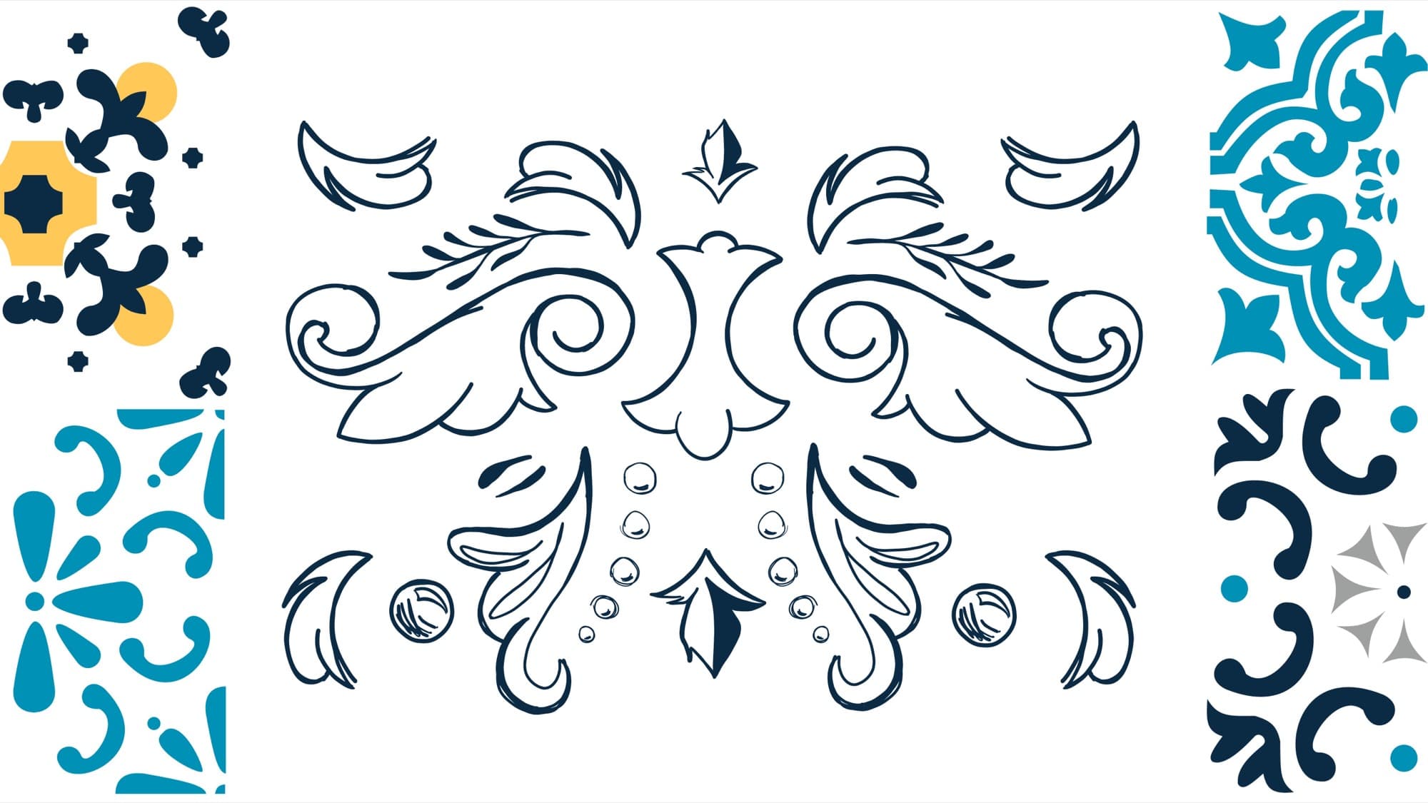 The illustration library: azulejo tile patterns in navy, cyan and yellow on both sides, and a symmetrical fileteado flourish drawn in navy line in the centre.