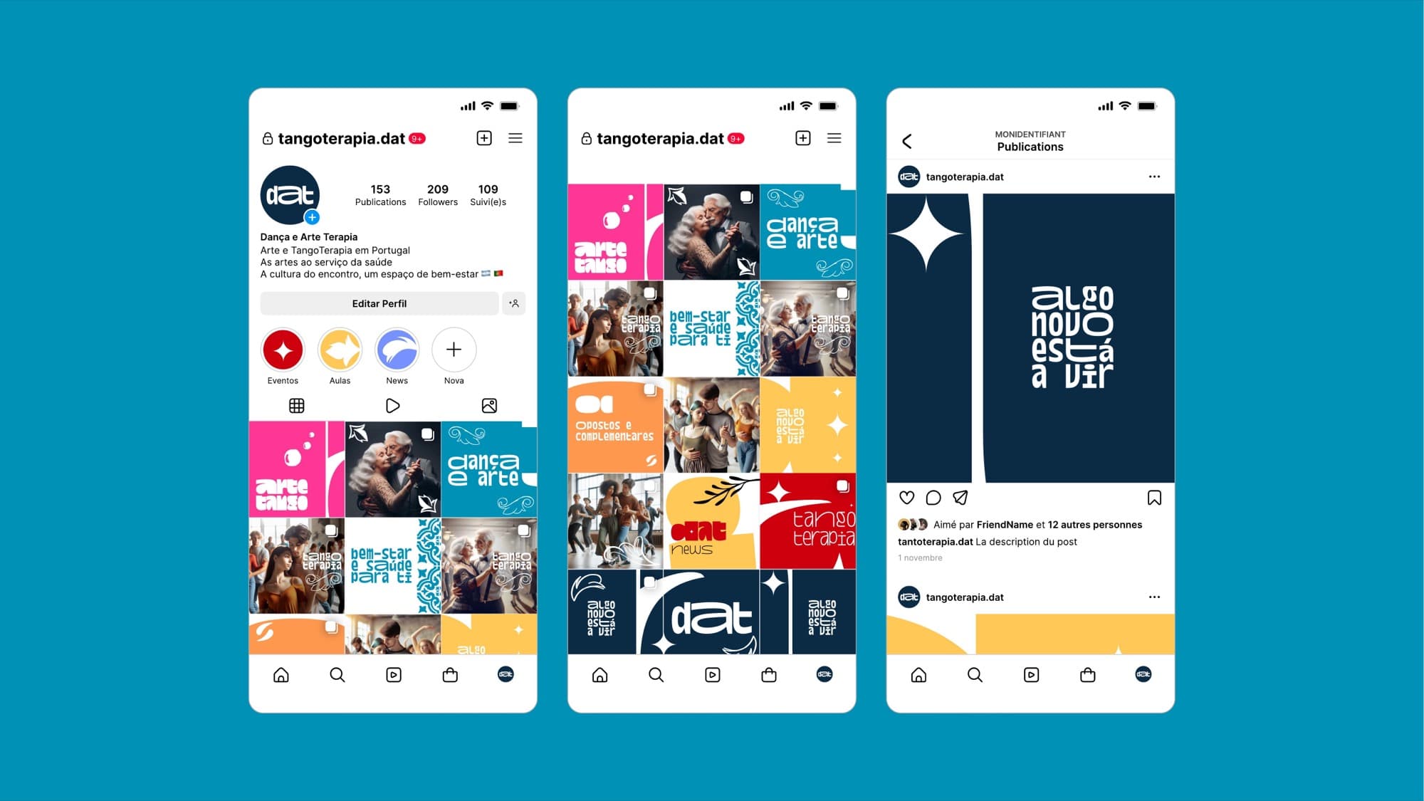 Three phone screens with DAT's Instagram profile, grid and a single post, all built on the new templates.