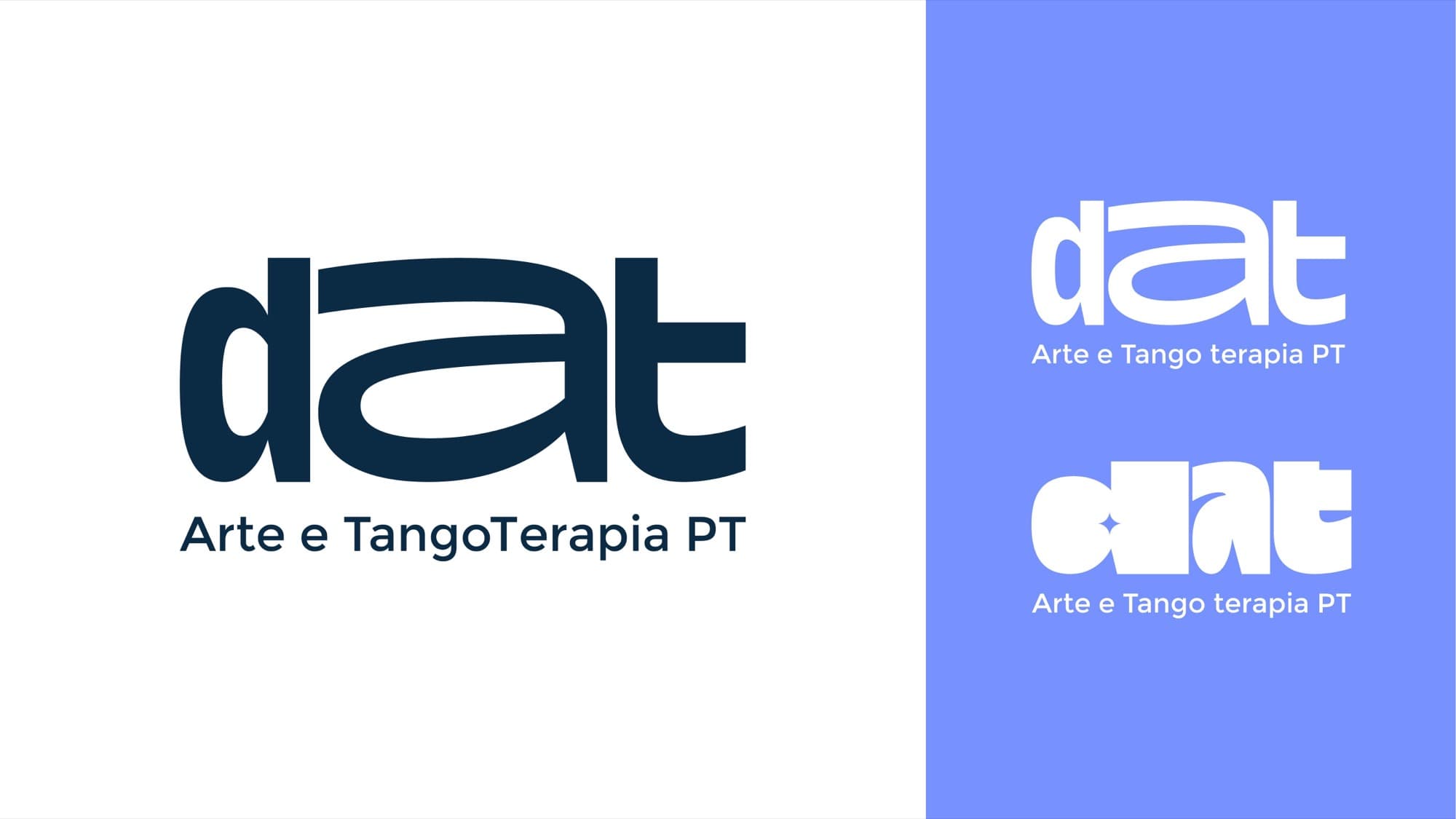 The new DAT logo in dark navy with the line "Arte e TangoTerapia PT", next to two white versions on a periwinkle background.