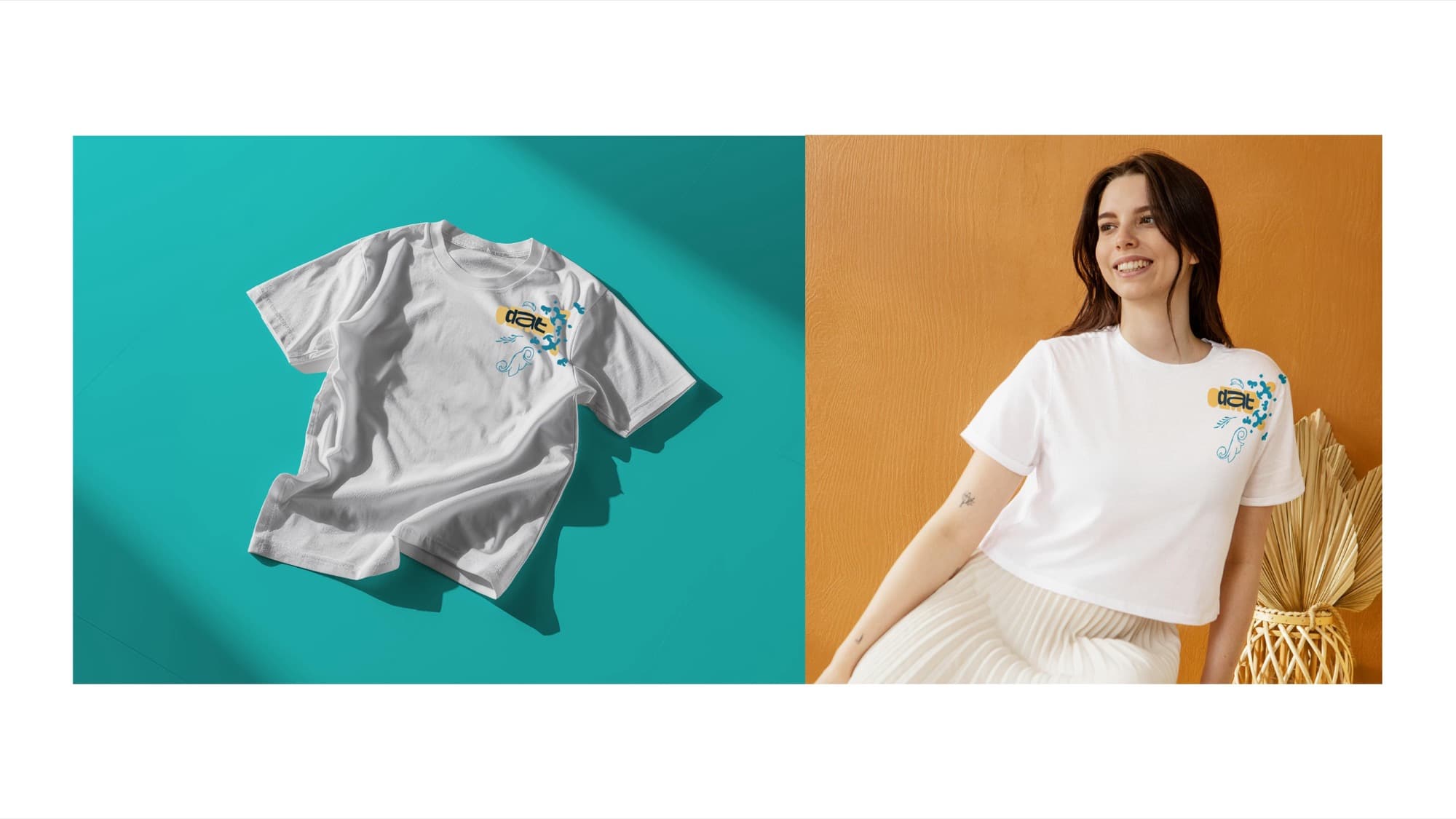 The t-shirt with the logo and azulejo details on the shoulder, laid flat on teal and worn by a smiling woman.