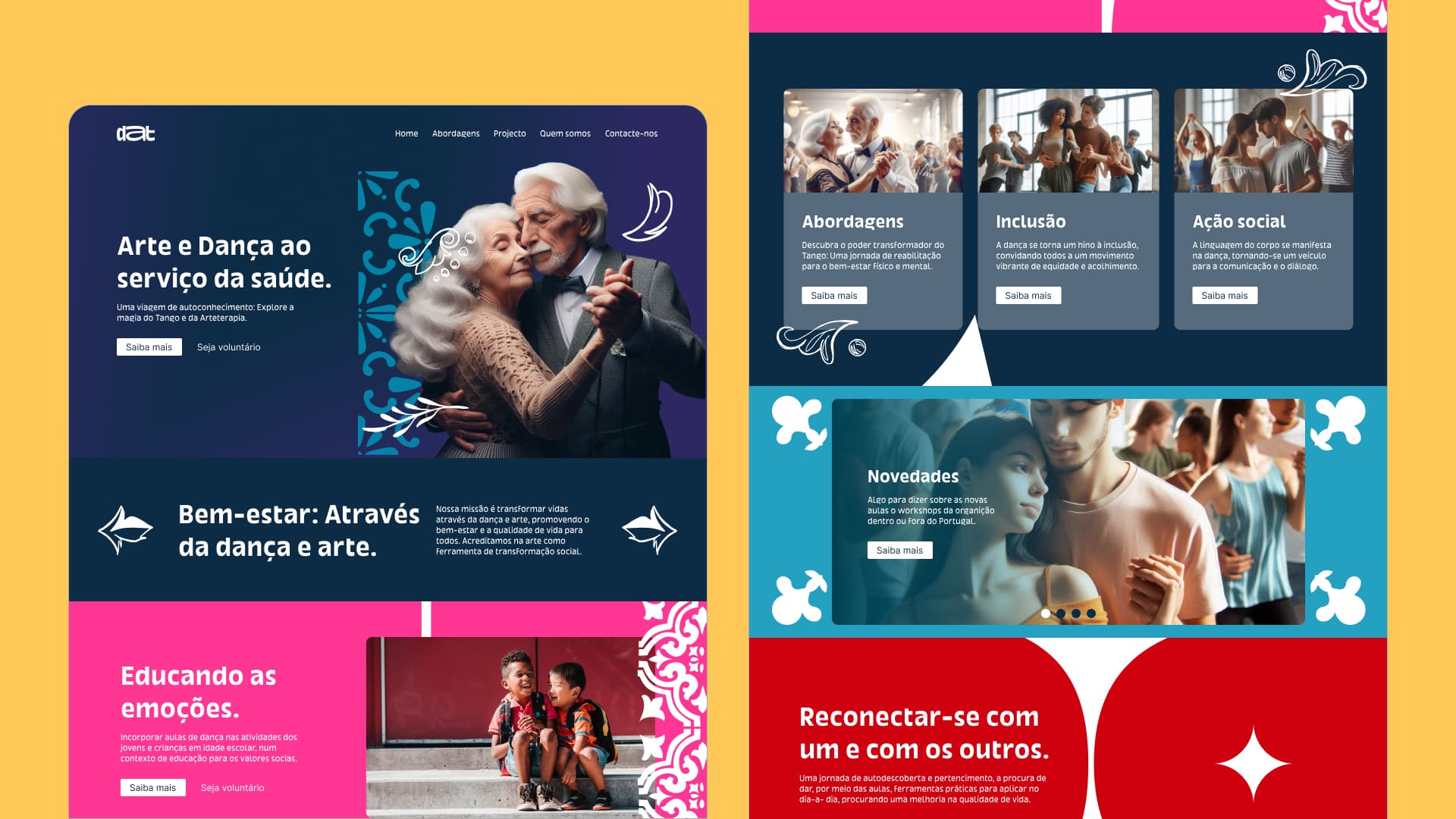 Website design for DAT: a navy hero with an elderly couple dancing, program cards, a news carousel and colour blocks in pink, cyan and red with azulejo details.