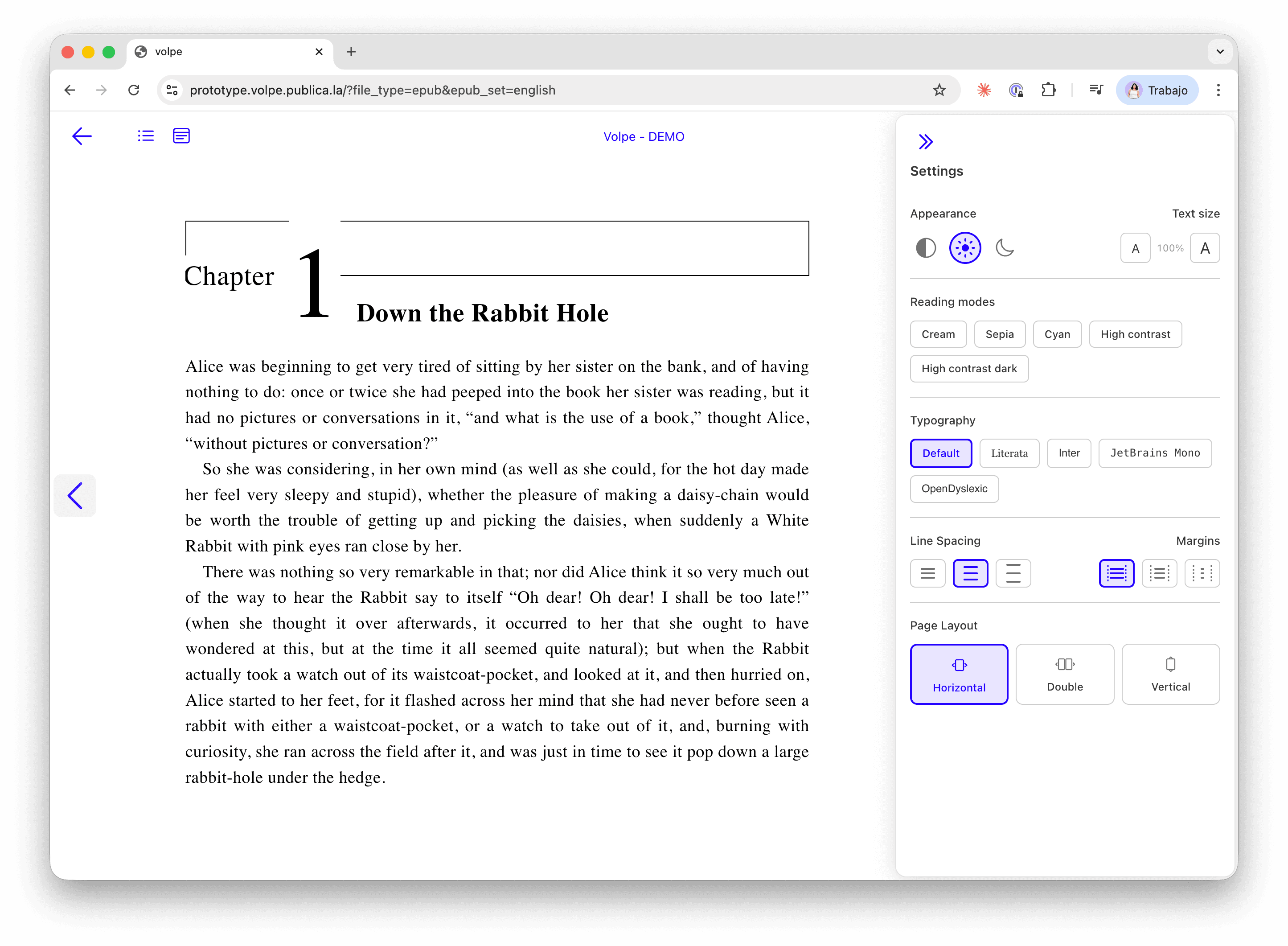 The new reader: one page of text with a few controls at the top and the settings panel open, with appearance, reading modes, typography, spacing and page layout.