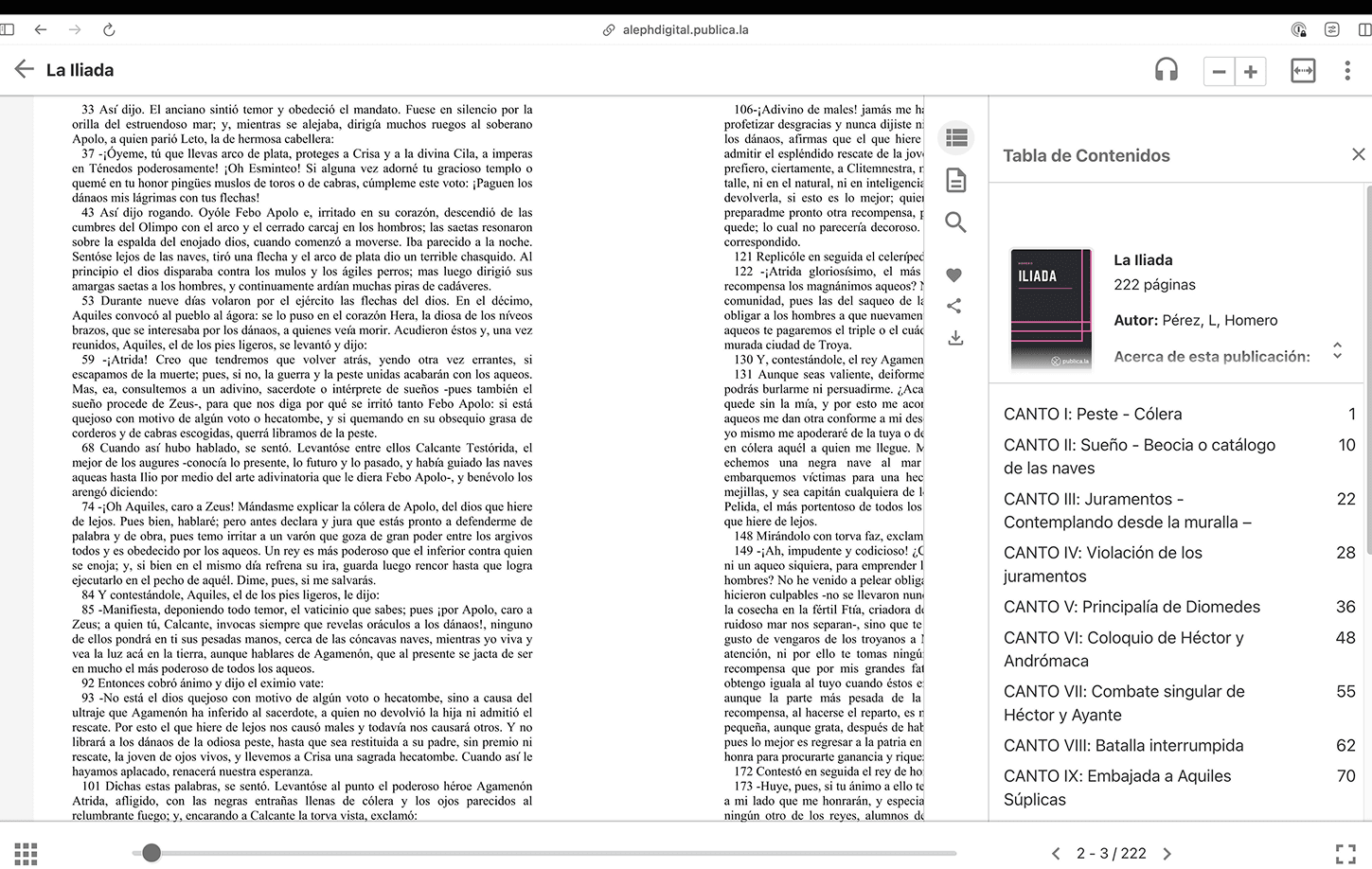 The old reader: a two-page spread with a toolbar of icons, a side rail and the table of contents open on the right.